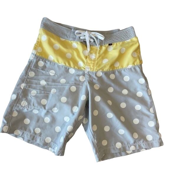 Gordon and Smith Board Shorts Swim Trunks Grey Yellow Sz 33 Polka Dots Surf - Picture 1 of 6